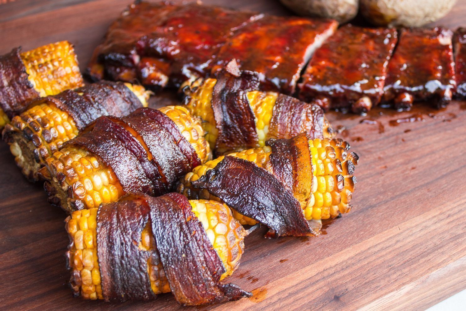 Bacon wrapped smoked corn on cob